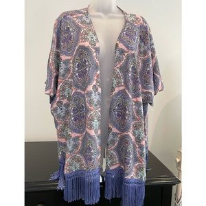 Victoria's Secret XS S Kimono Coverup Fringe Paisley Pink & Purple Open Front